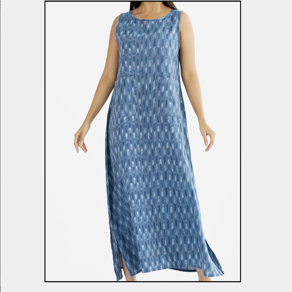NEW! Savya Handmade Neela Ikat Handloom Dress Blue Steel 100% Cotton SZ S/M L/XL - Picture 2 of 8